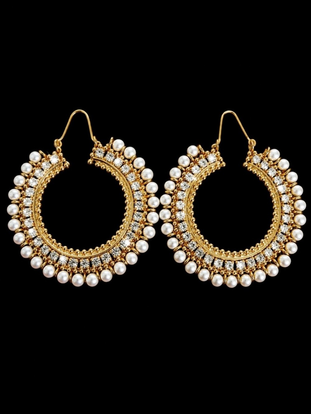 Gold Tone Oversized Faux Pearls Clear Rhinestone Hoop Pierced Runway Earrings